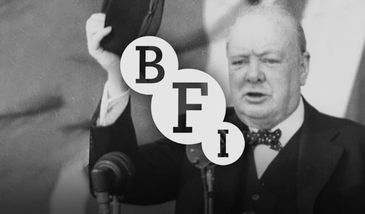 BFI logo in front of Winston Churchill giving a speech.